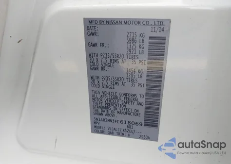 2015 Nissan Pathfinder Platinum z USA, uszkodzony, nr VIN 5N1AR2MN3FC618069